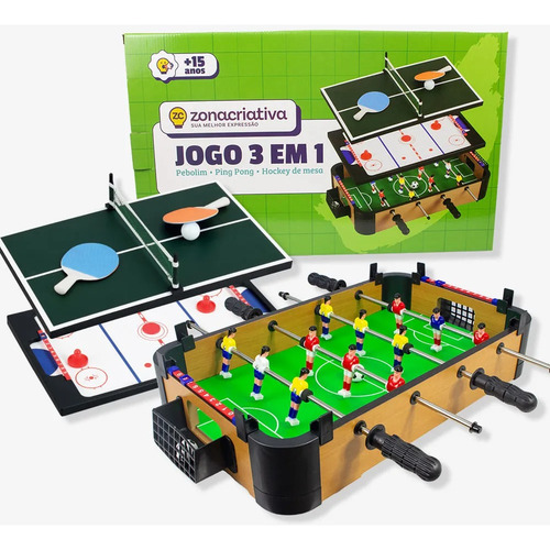 Jogo 3 Em 1 Pebolim Totó Ping-pong Hockey De Mesa 59x30cm Zc Mesa De Pebolim Verde