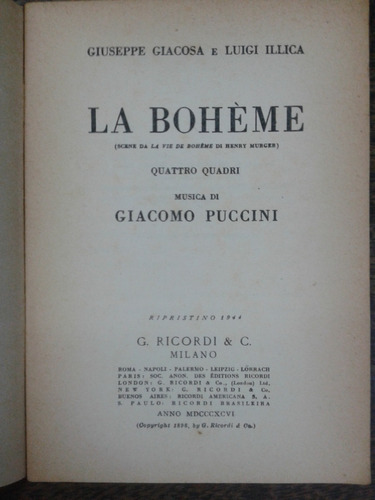 La Boheme * L. Illica G. Giacosa * Giacomo Puccini * Ricordi