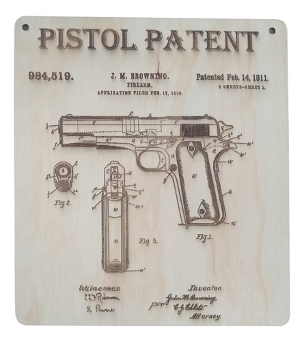 Cuadro Decorativo En Madera Pistol Patent