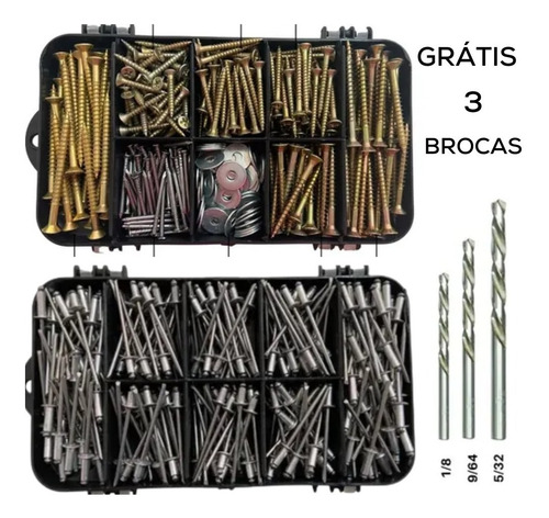 680pç Parafusos/arrebite/pregos/arruelas Grátis 3 Brocas Top