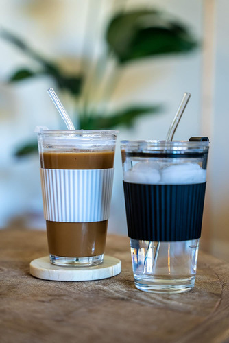 Taza De Café De Vidrio Reutilizable Con Tapa Y Paja 16 Oz De