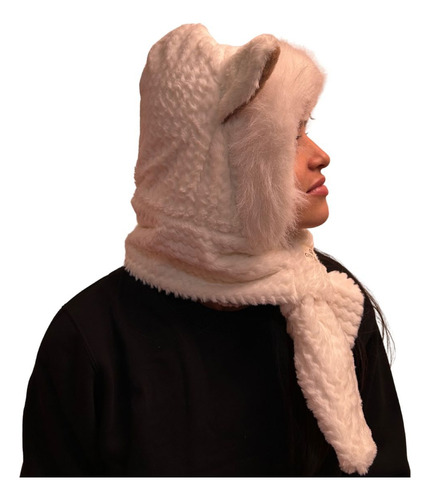 Gorro Bufanda 2 En 1 Peluche Orejas De Zorro Kawaii Blanco Unico Polar