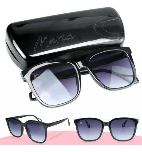 Oculos Sol Feminino Quadrado Proteção Uv + Case Moda Preto