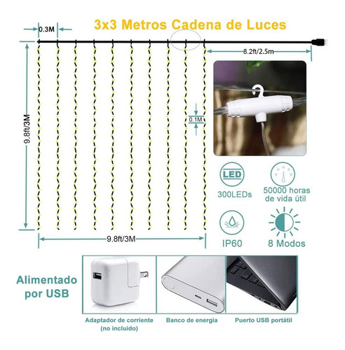 Imagen 4 de 10 de Cortinas Serie Luces Decorativas Led Usb 300led 3x3m 2piezas