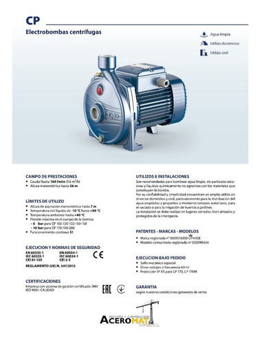 Bomba Centrifuga Pedrollo Cpm 158 220v 1hp 1 X1
