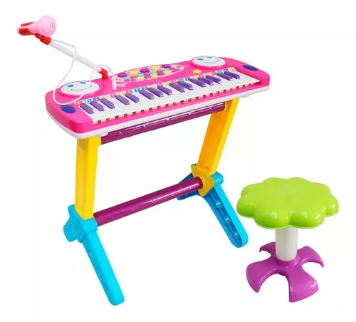 Piano Teclado Infantil Com Microfone Suporte Banquinho Show Cor Rosa