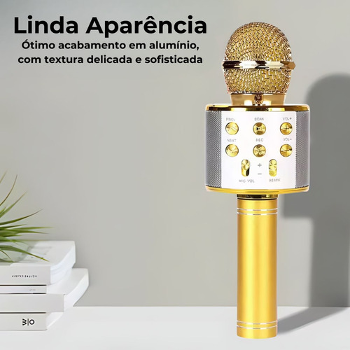 Microfone Karaoke Sem Fio Bluetooh Infantil Minimen Mixer Cor Dourado