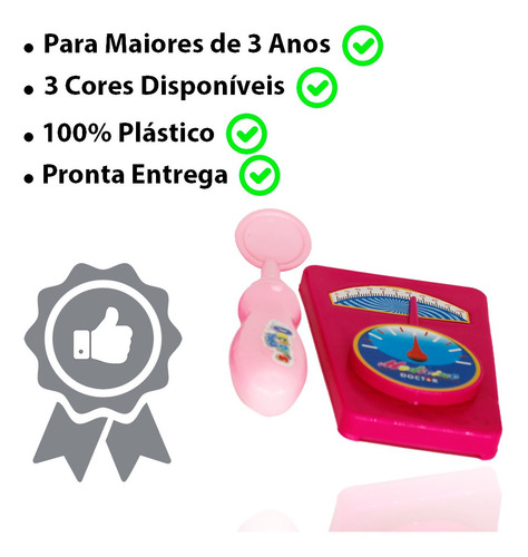 Imagem 3 de 7 de Kit Medico Brinquedo Rosa 3pçs Estetoscópio Colher Balança