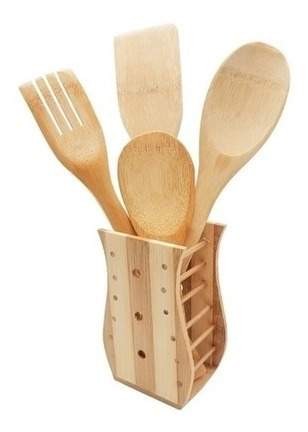 Kit Utensílio Madeira Colher Talheres De Bambu Cozinha 5 Pç 