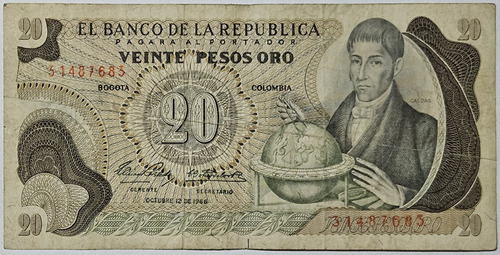 Billete 20 Pesos 12/oct/1966 Colombia F-vf