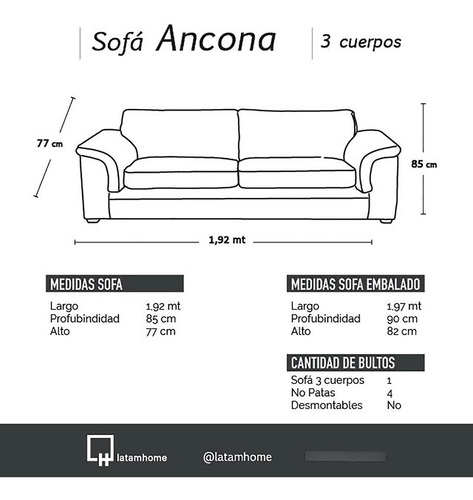 Sofa Ancona 3 Cuerpos Pu Grano - Latam Home