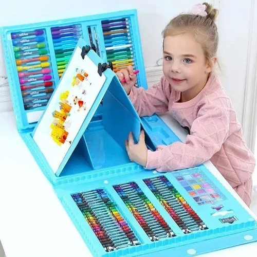 Kit Set 208 Piezas De Arte Para Niños Set Portátil Azul