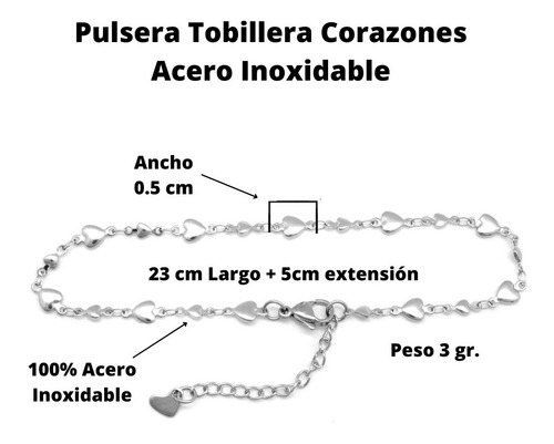 Imagen 3 de 9 de Tobillera Pulsera Mujer Corazones Pie Tobillo Acero Plateado