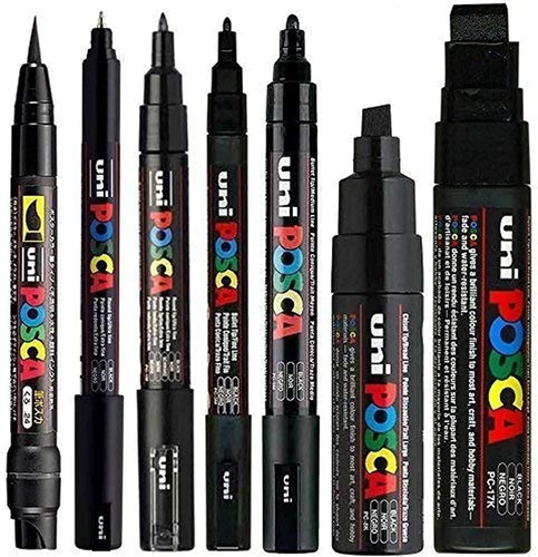 Posca Negro Todas Las Puntas Y Tamaños 7 Plumones Set Mixto