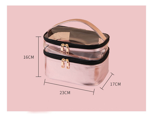 Neceser Maquillaje Viaje Doble Portátil Impermeable Bolsa Rosa Dorado