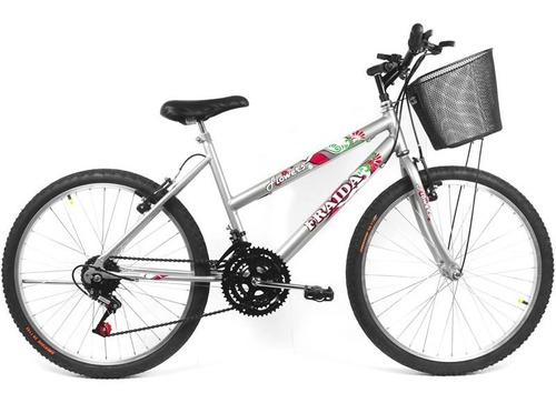 Bicicleta Feminina Aro 24 Mountain Bike Com Cesta - Prata