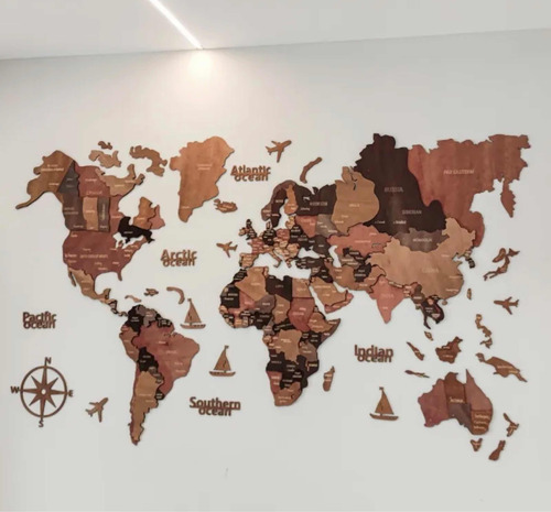 Mapa Del Mundo Madera Cuadro Pared 100x60cm 3d Decoración