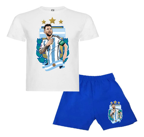 Pijama Corto Niñoss Algodon Messi Campeón Mundo 3 Estrellas