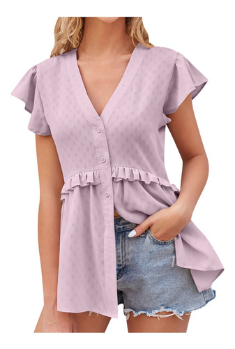 Camisa Holgada Con Cintura Doblada Y Manga Peplum Para Mujer