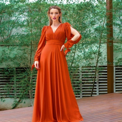 Imagem 3 de 3 de Vestido Terracota Festa Manga Longa Punho Com Laço