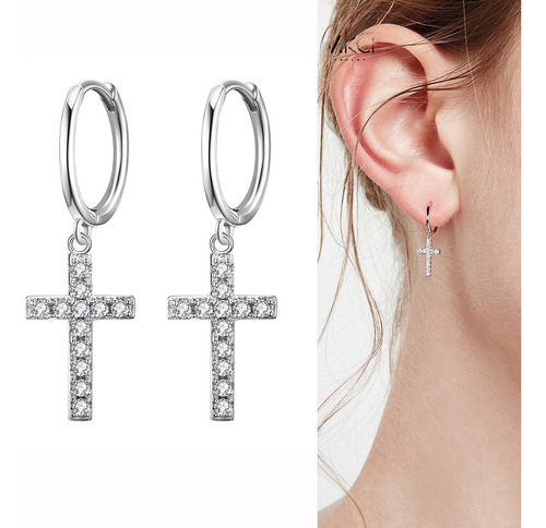 Aretes De Cruz Plata 925 Zirconias Un Par Mujer