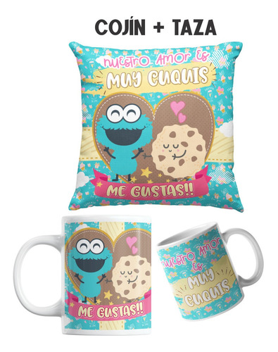 San Valentín 14 De Febrero Cojín + Taza Come Galletas Amor