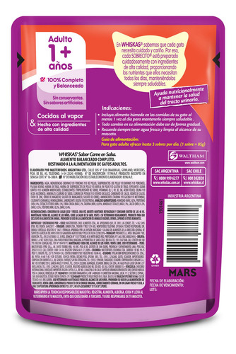 Imagen 2 de 7 de Whiskas Alimento Húmedo Gato Carne Salsa Sobre X1un