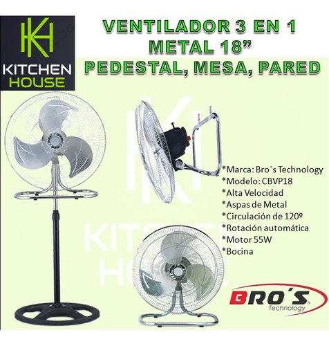 Ventilador Bros 3 En 1 Pedestal Mesa Pared Metal