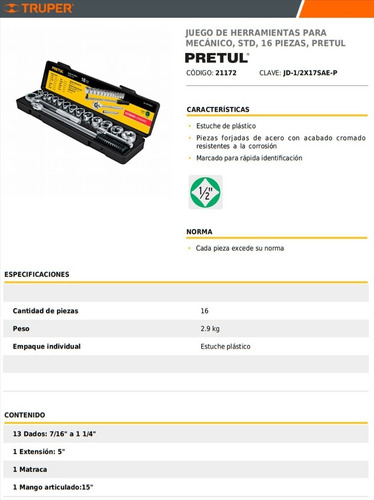 Juego Set De Bocallaves Tubos 17 Piezas Encastre 1/2 Truper