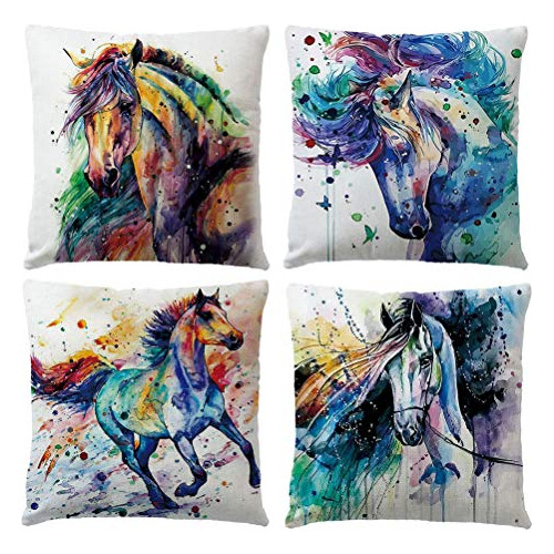 Fundas De Almohada Estampado De Caballo De Acuarela, Fu...