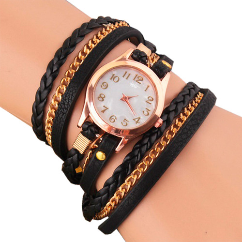 Reloj Pulsera Mujer Brazalete Piel Vinil Dama Cadenita Color de la correa Negro