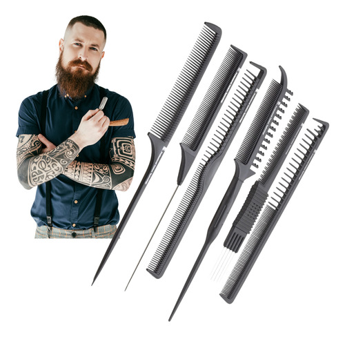 Juego 6 Peines De Carbón Profesionales P/barbero Estilista Negro