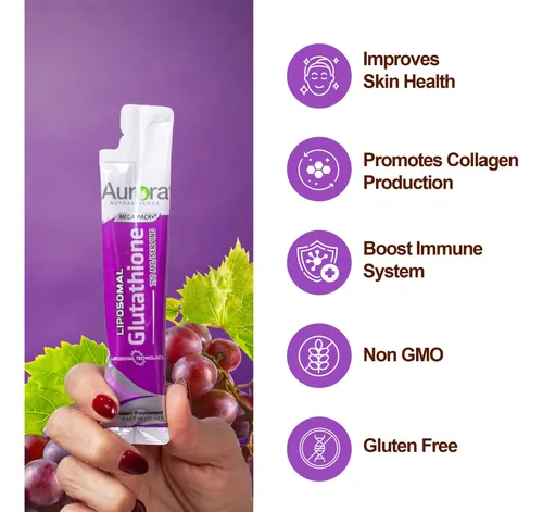 aurora megaliposomal glutathione Nutrascience Nano-Liposomal , Glutathione, Liposomal Drink Mix, 10 Packets, 0.32 oz (9 g) Each Liposomal Glutathione is a liquid dietary supplement that contains glutathione and vitamin C Aurora Nutrascience Mega-Liposomal Glutathione +