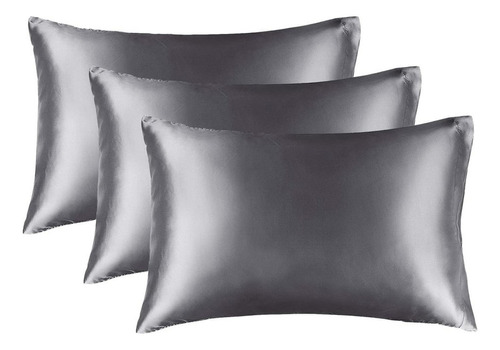 Funda Almohada Satin Tipo Seda Set 3 Unidades 50x76cm Color Gris Oscuro