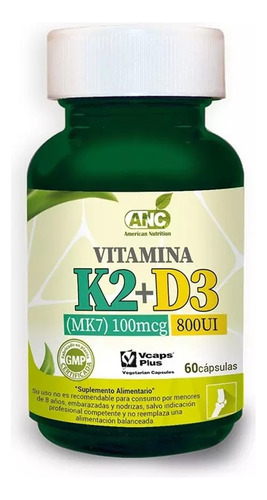 Vitamina K2+d3 (mk7) 100mcg 800 Ui (60 Capsulas) Sabor Sin Sabor