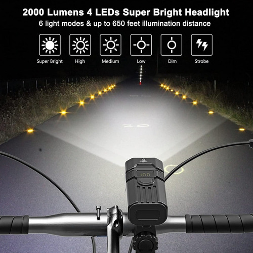 Imagen 5 de 9 de Linterna Luces Bicicleta Recargable 2000 Lúmenes 4 Led