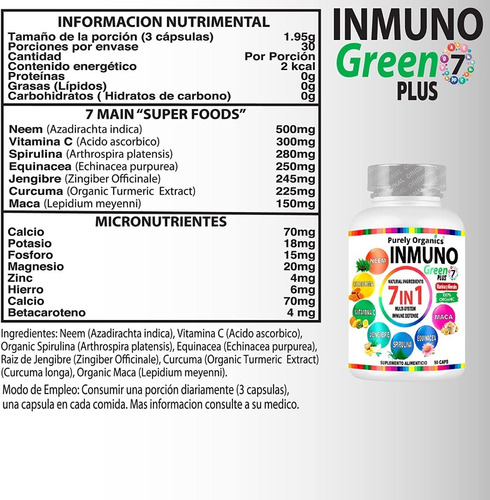 Imagen 2 de 10 de Inmuno Green 7 In 1 Purely Organics 90 Capsulas
