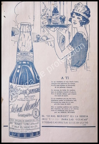 Cartel Publicitario Retro Sidra Champagne Mundet 1922 / Raro