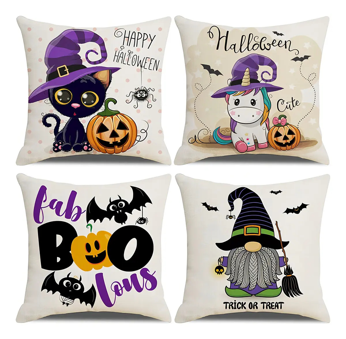 4pc Fundas De Cojin Para Halloween Decoracion Dia De Muertos Color Beige Rujas Y Mascotas De Halloween