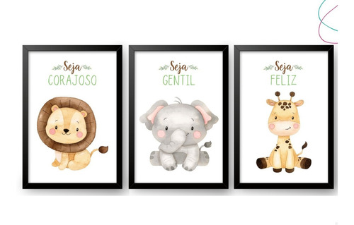 Kit 3 Quadros Decorativos - Safari Aquarela*