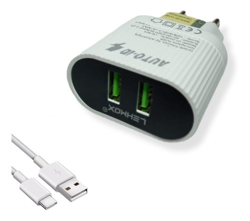 Carregador + Cabo Tipo C 2 Usb Samsung Motorola Xiaomi Cor Branco