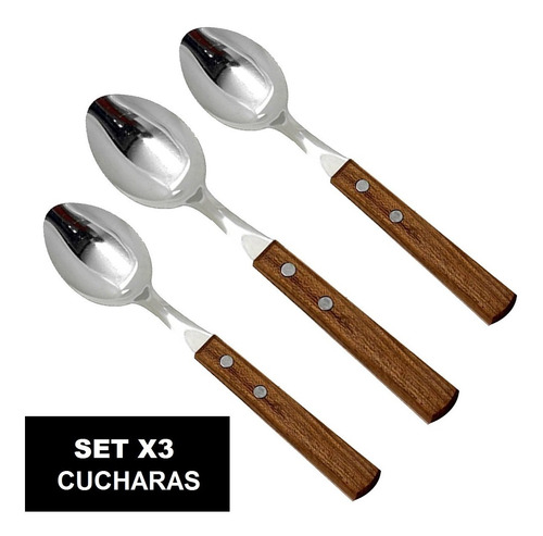 Imagen 4 de 10 de Cucharas Mango Madera Acero Inoxidable Set X3 Cubiertos