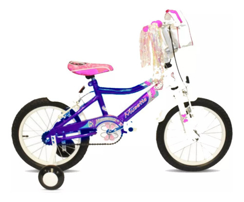 Bicicleta Infantil Nena Musetta Fantasy Rodado 16 Cuadro Acero Liviano Bicolor Con Rueditas Y Bolso Con Cierre Flecos Llanta Pintada Con Cubrecadena Color Violeta