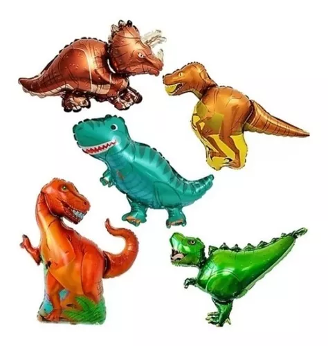 10 Globos Metalizados Dinosaurios 35 Cm + Varillas