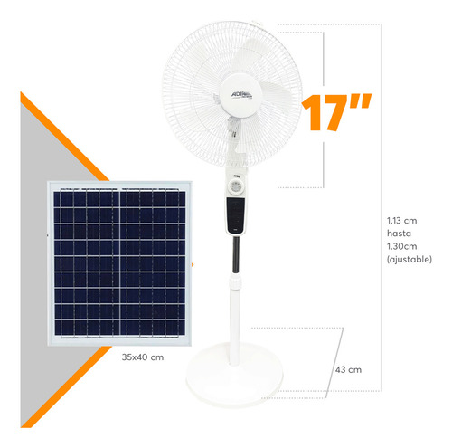 Ventilador Solar Recargable 17pul Con Luz Y Control Adir Blanco