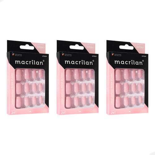 Kit C/3 Unha Postiça Rosa Claro 24 Pç Up302a Macrilan