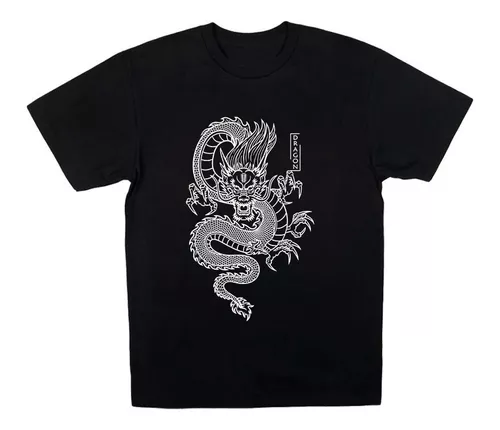 Camiseta Masculina Branca Dragao Voador Japones Preto E Branco (p