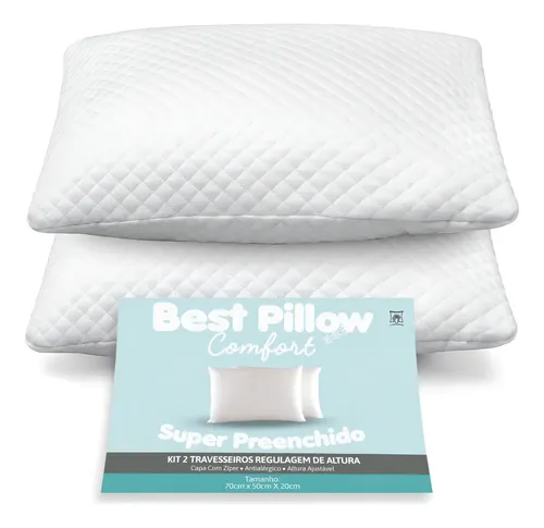 Kit com 2 travesseiros brancos e embalagem do produto 'Best Pillow Comfort Super Preenchido'