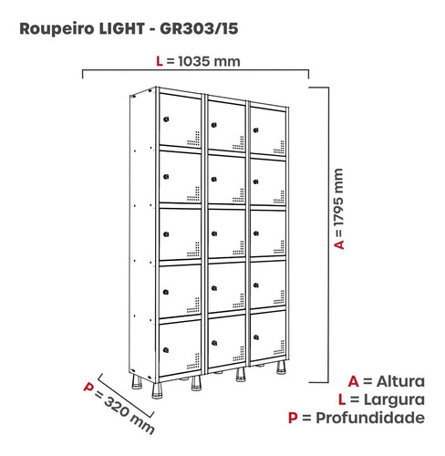 Roupeiro Aço Light 3v 15 Portas Gr303/15