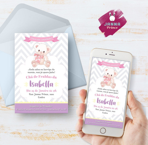 Imagem 1 de 3 de Convite Digital Chá De Bebê Ursinha Rosa Lilás